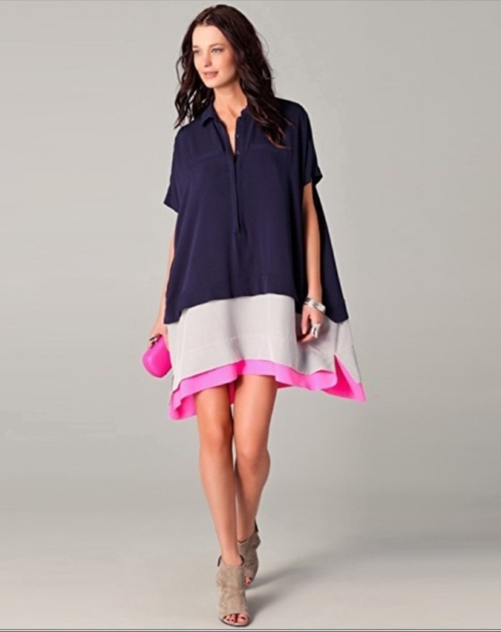DVF Diane von Furstenberg Hatsu Silk Dress Color Block Oversized Navy Short P S
